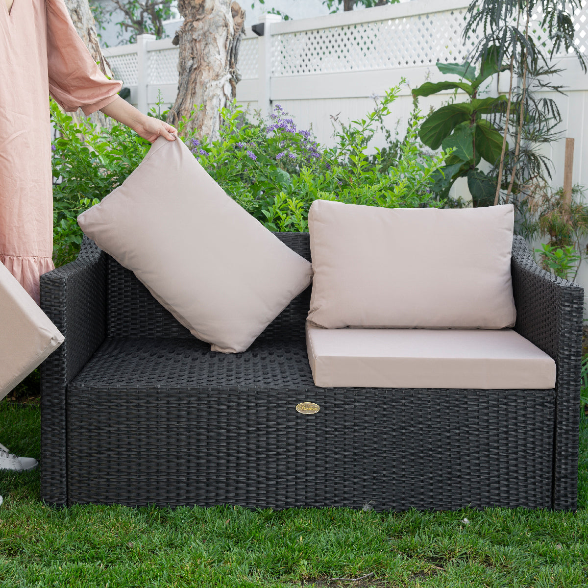 Black Wicker Rattan 2-Seater Patio Sofa with Cushions U160770