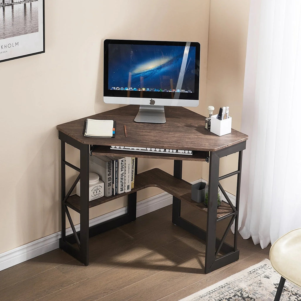 Corner Computer Desk with Keyboard Tray Dark Brown K6171