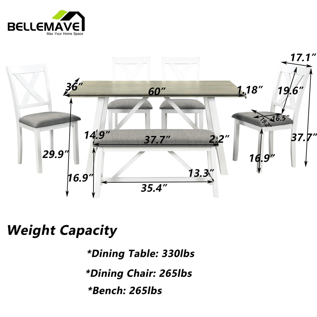 White 6 Piece Wood Counter Height Dining Table Set with 4 Chairs and a Bench L168