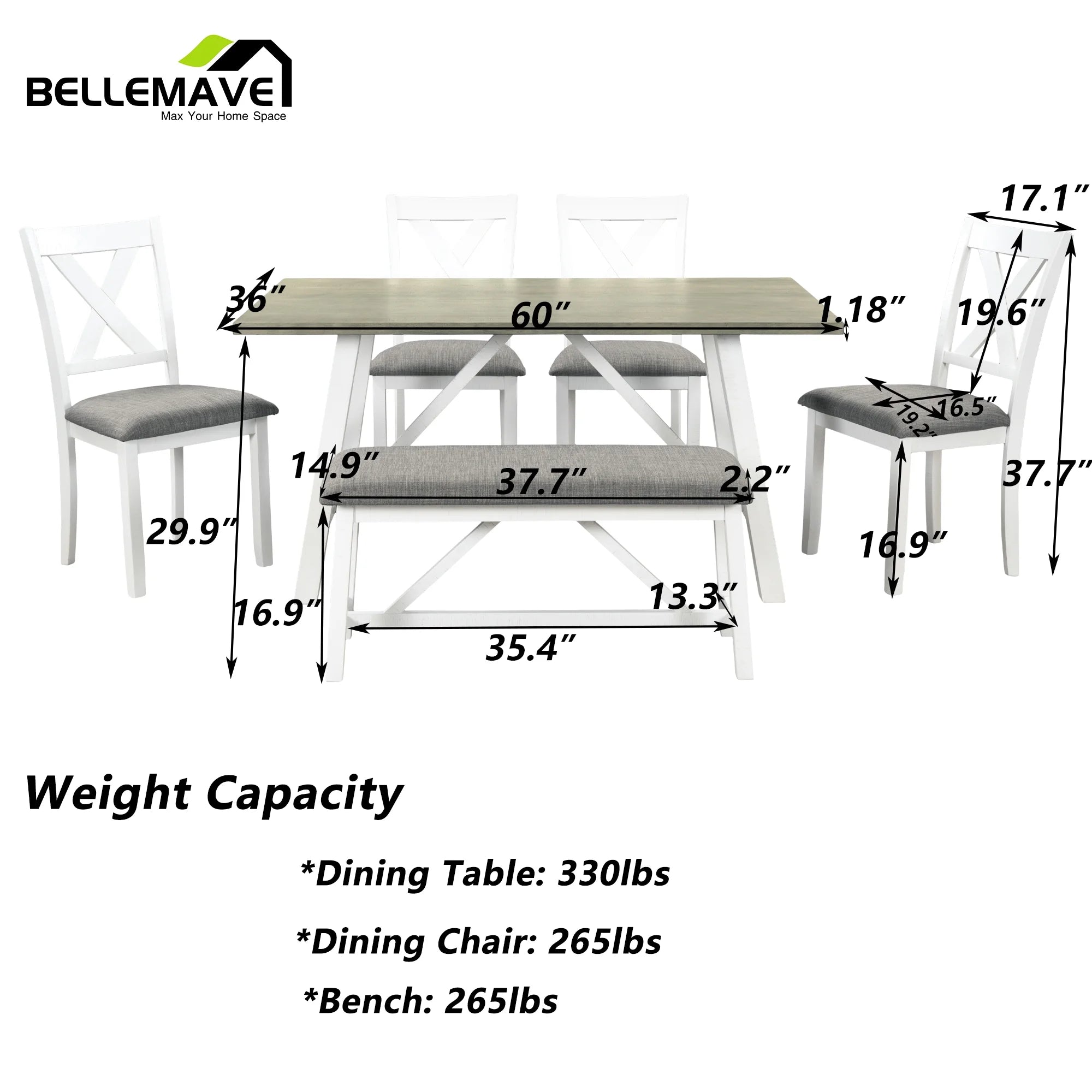 White 6 Piece Wood Counter Height Dining Table Set with 4 Chairs and a Bench L168