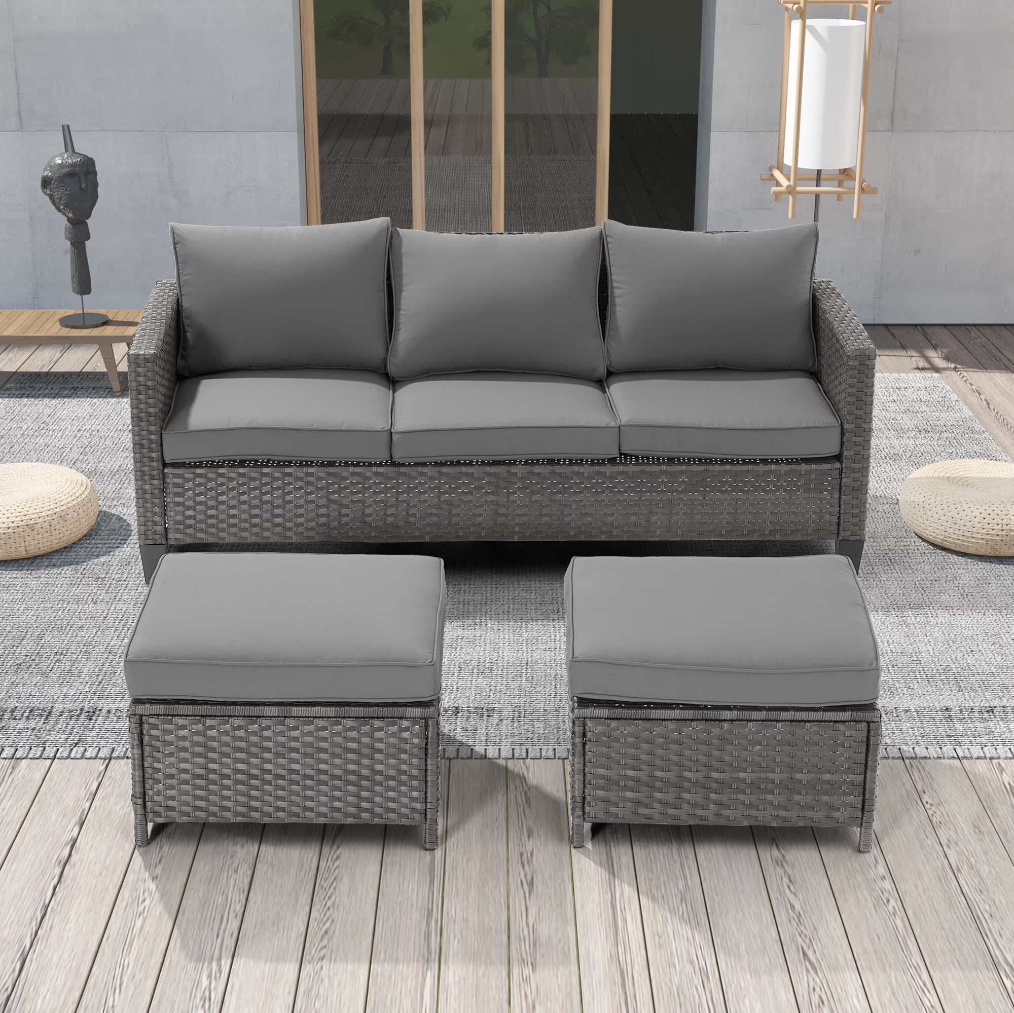 3-Piece Patio Sofa Set Rattan Outdoor Furniture Gray I301003