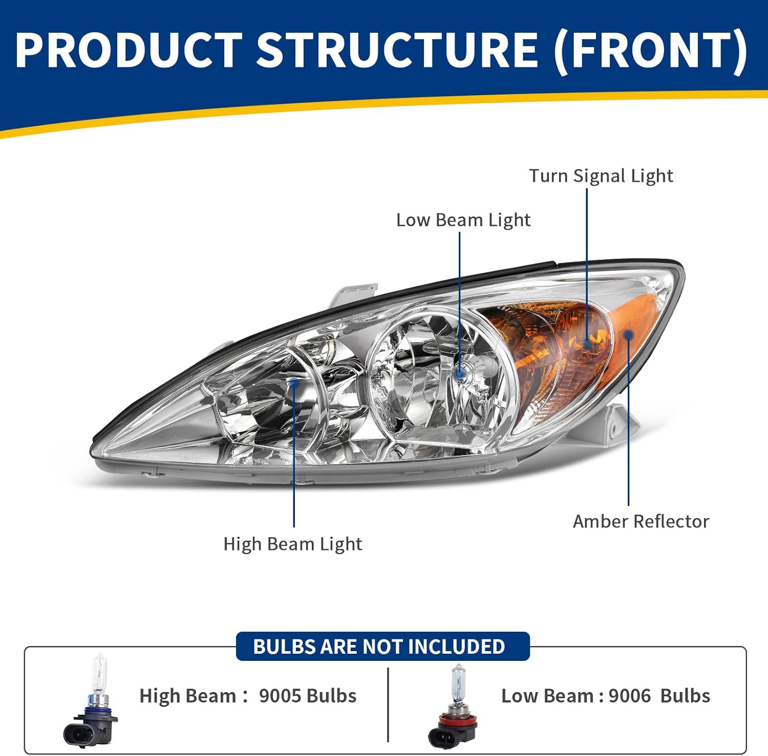 Headlight Assembly for CAMRY 2002 2003 2004 Chrome Housing Amber Reflector Clear Lens Z1617