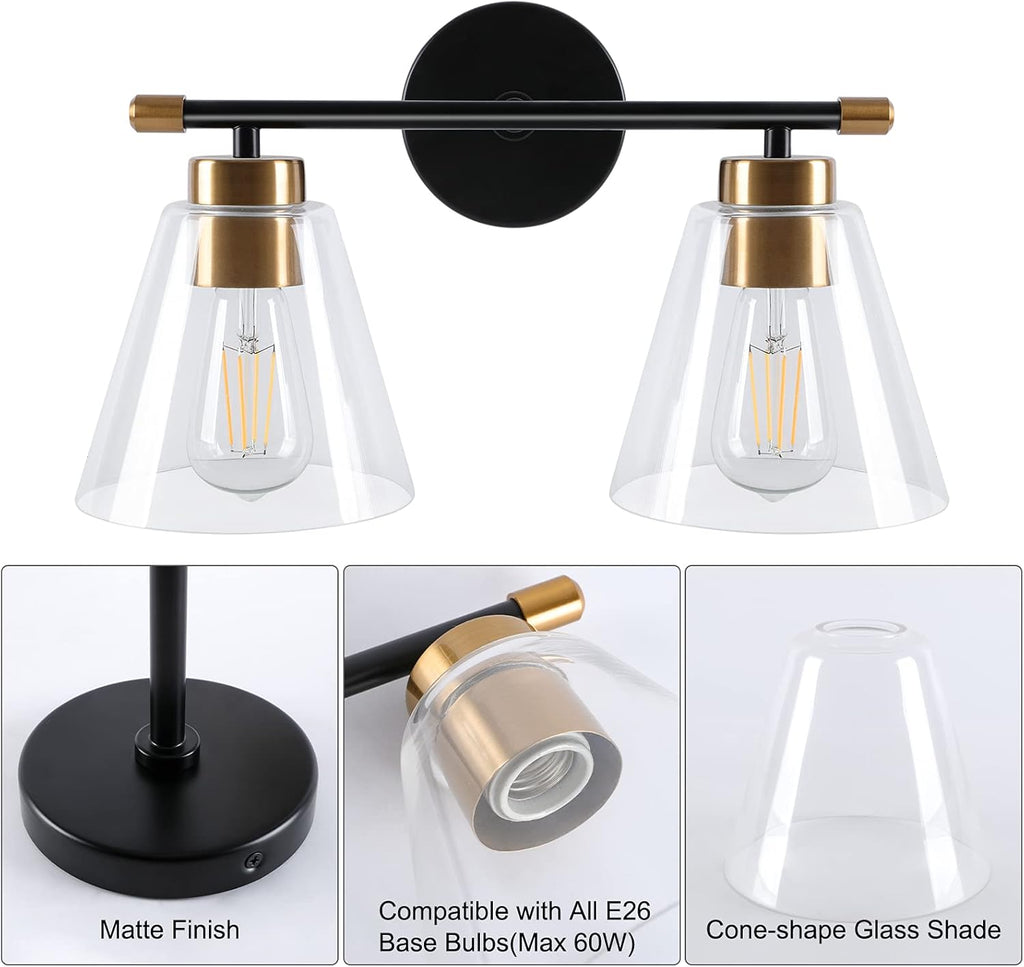 2-Light Matte Black Wall Sconce with Clear Glass Shade and Gold Base Z5069