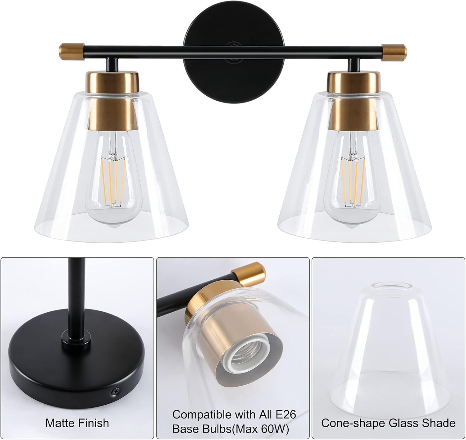 2-Light Matte Black Wall Sconce with Clear Glass Shade and Gold Base Z5069