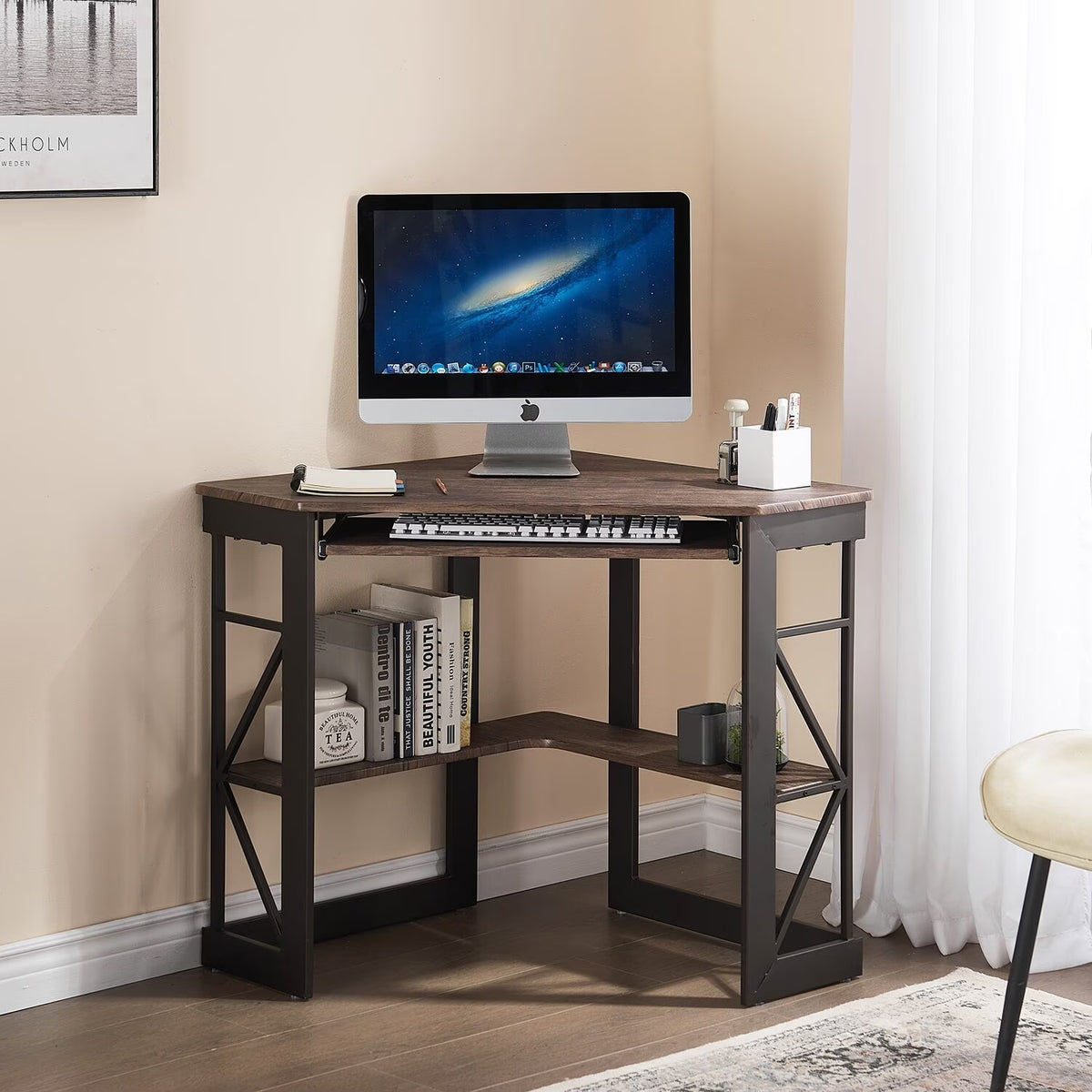 Corner Computer Desk with Keyboard Tray Dark Brown K6171