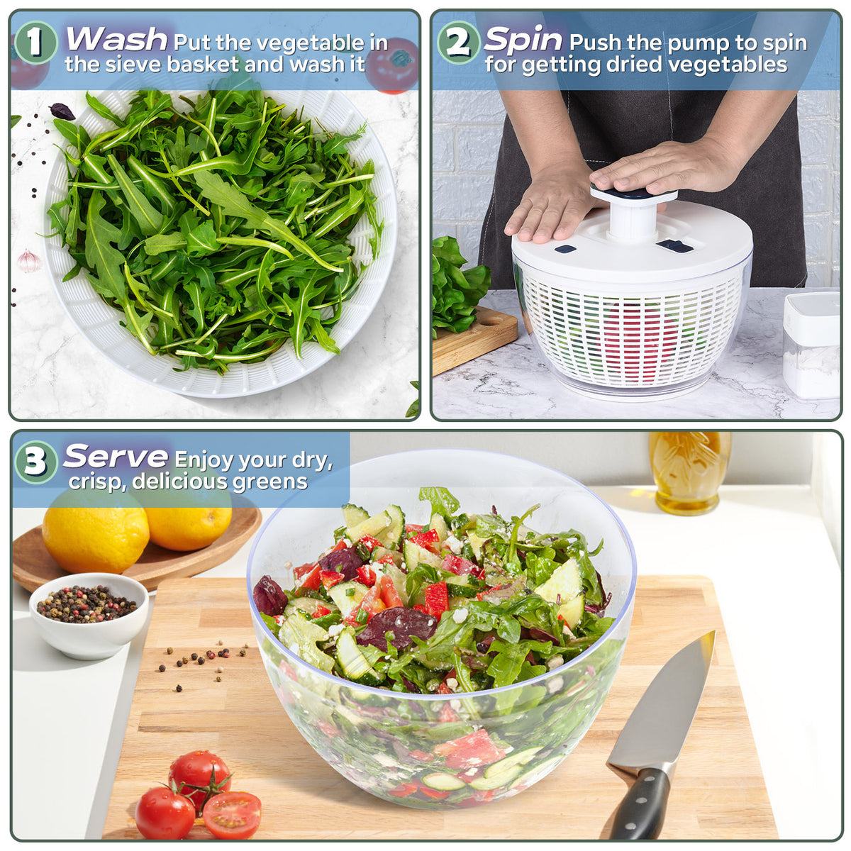 White 6 Quart Manual Salad Spinner with Colander Basket B63943