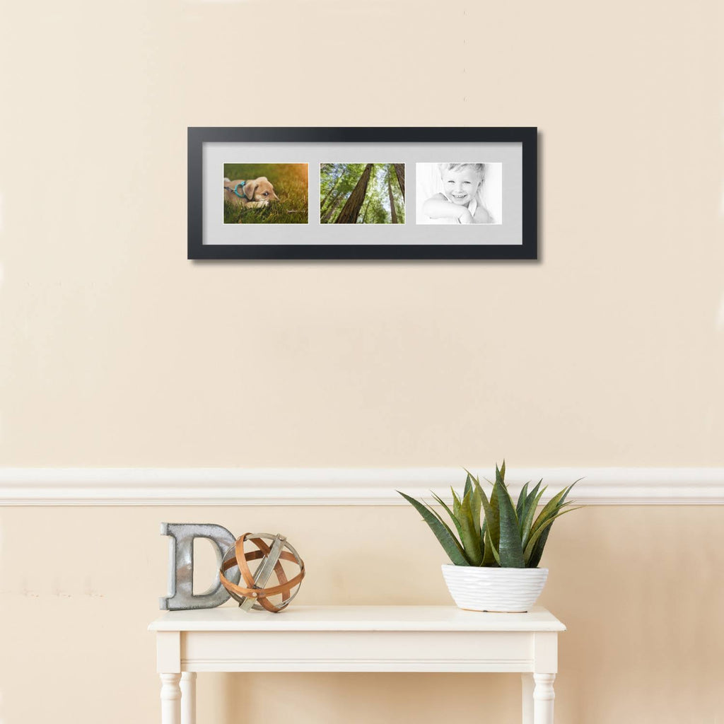 Satin Black 3 Opening Collage Picture Frame for 5x7 Photos with Grey Candlewick Mat P506752