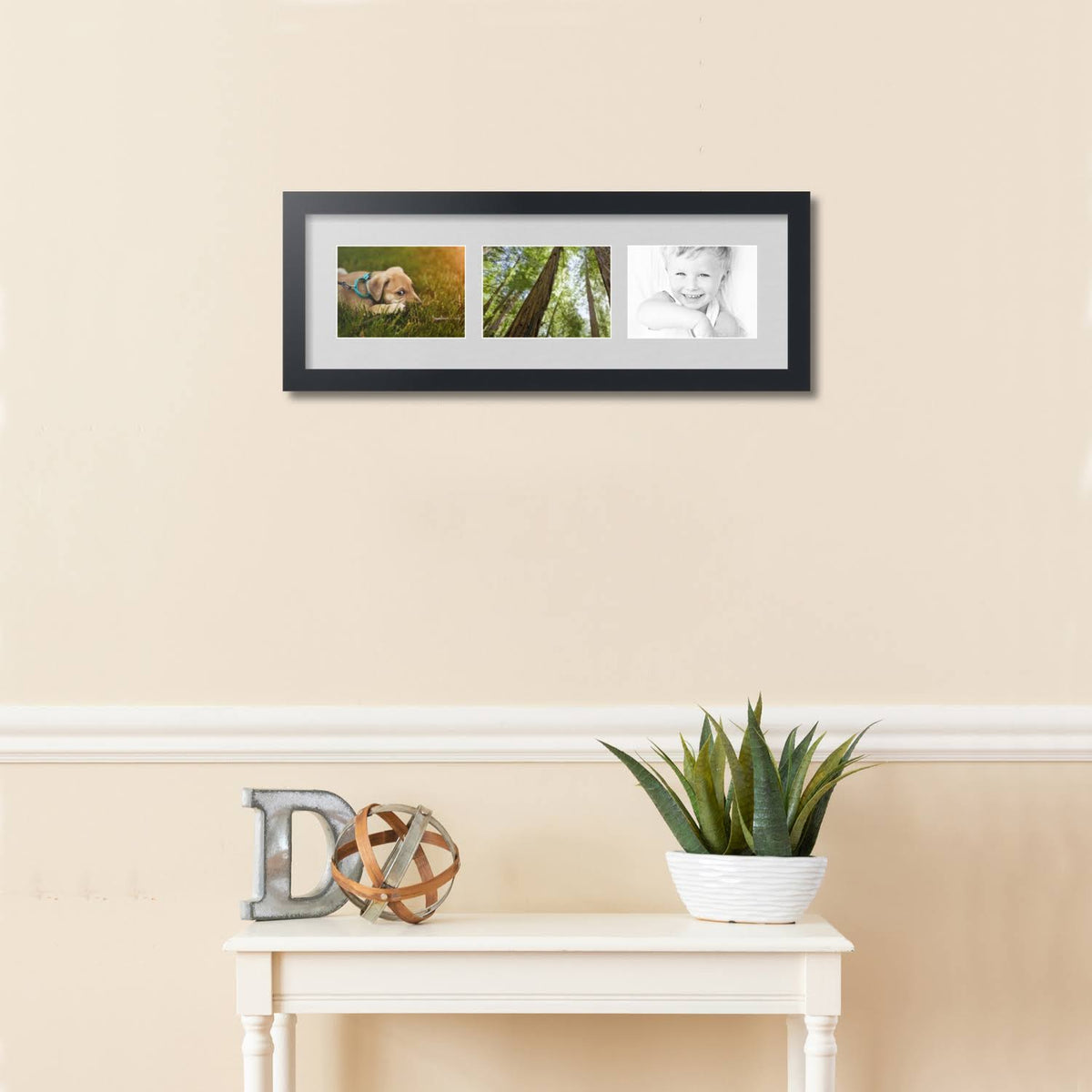 Satin Black 3 Opening Collage Picture Frame for 5x7 Photos with Grey Candlewick Mat P506752