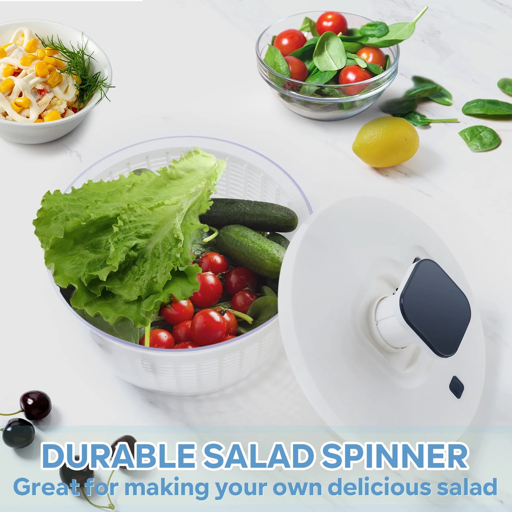 White 6 Quart Manual Salad Spinner with Colander Basket B63943