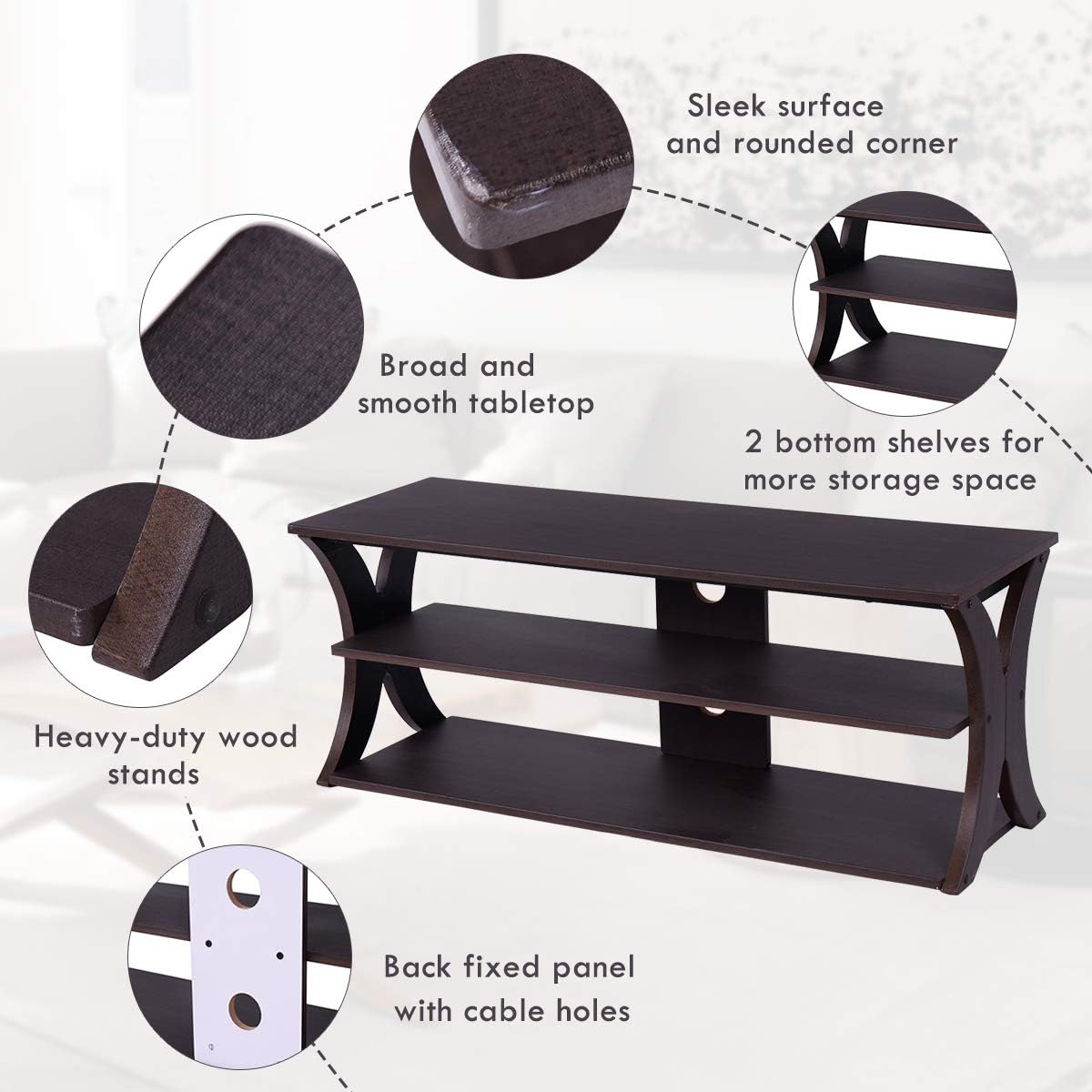 3-Tier TV Stand Storage Console with Storage Shelves (Wood Top) G1376