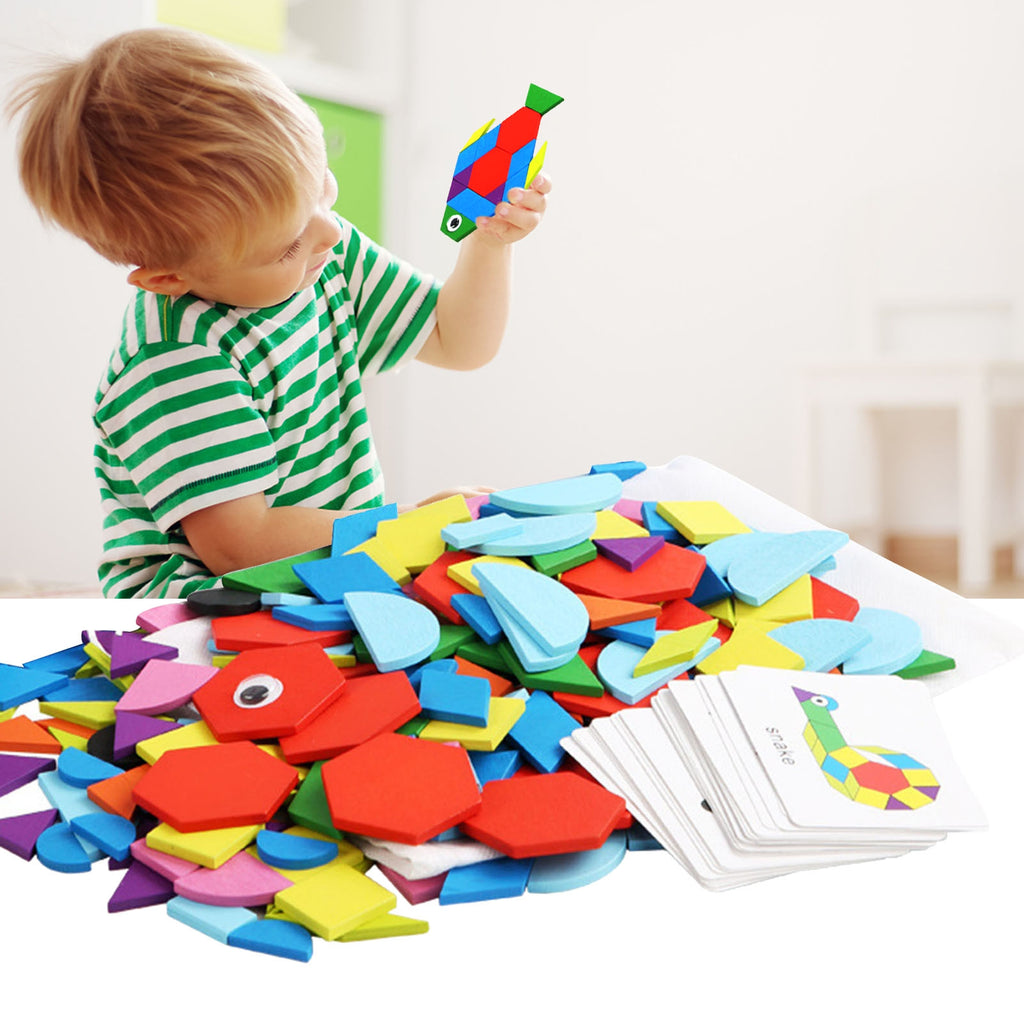 Wooden Pattern Blocks Geometric Shapes Toy with Cards H752204
