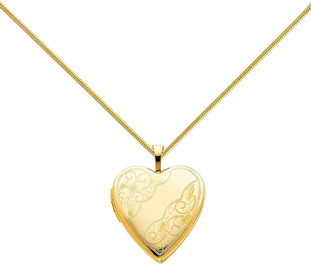14K Yellow Gold Polished Love Heart Shaped Locket Pendants with 0.8mm Snake Chain P36721