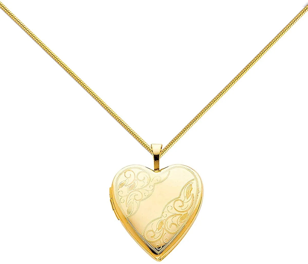 14K Yellow Gold Polished Love Heart Shaped Locket Pendants with 0.8mm Snake Chain P36721