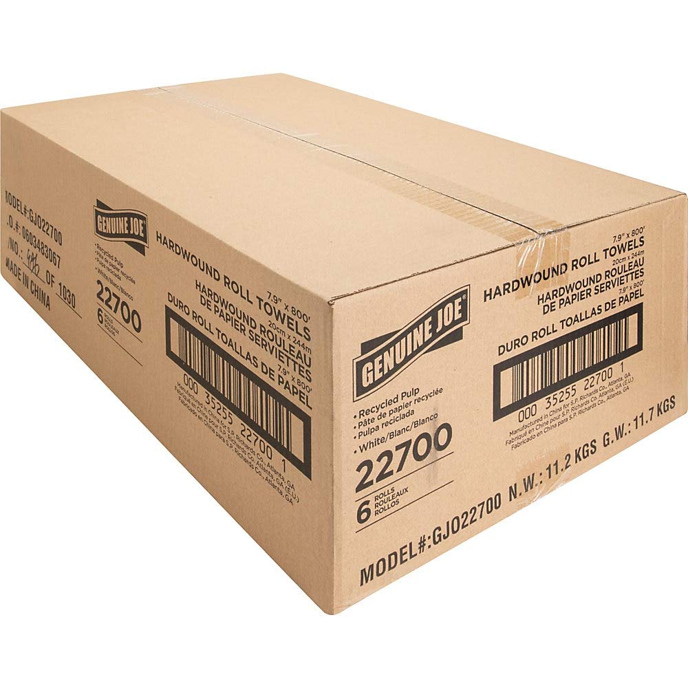 Hard Wound Roll Towel, 800' Length x 7-8/9 Width, White, Case of 6 D7750