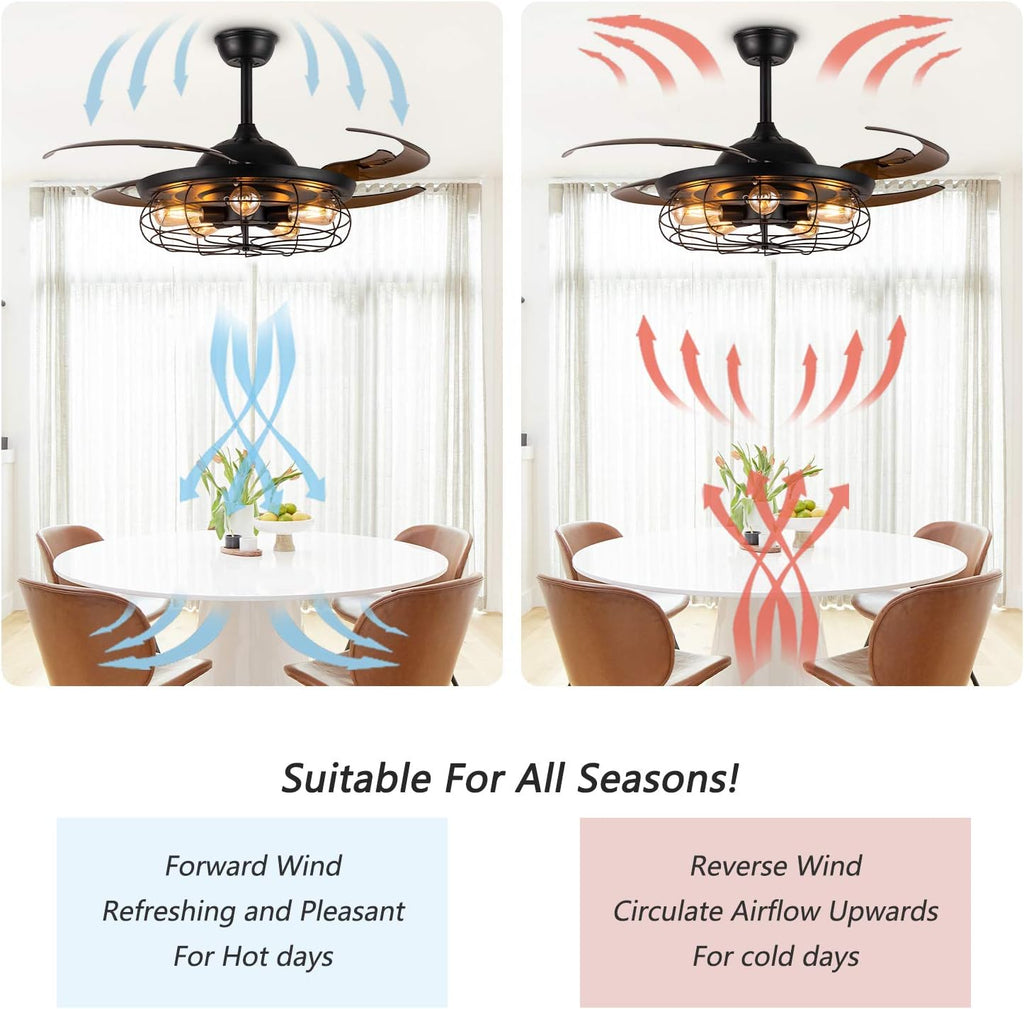 Black Vintage Cage Retractable Blades Ceiling Fan A972712