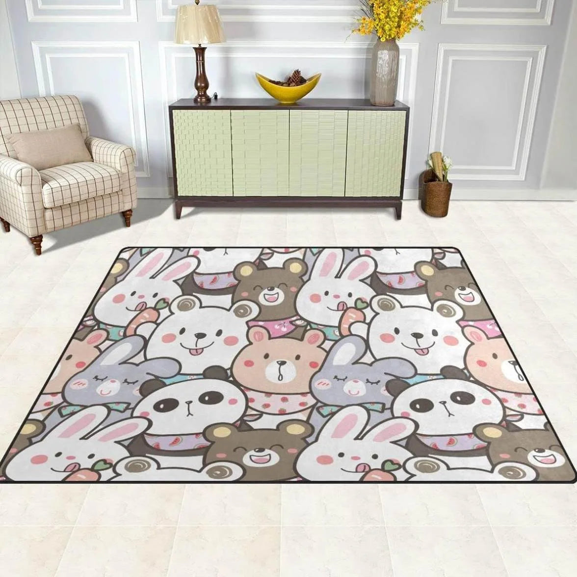 Panda and Bunny Illustration Design Area Rug, 80"x 58" Washable Non Slip Soft Carpet S251739