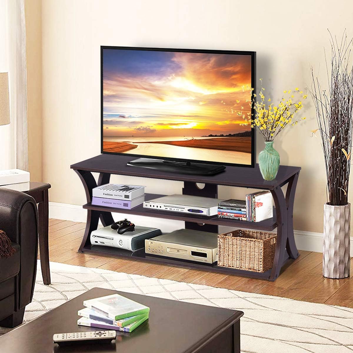 3-Tier TV Stand Storage Console with Storage Shelves (Wood Top) G1376