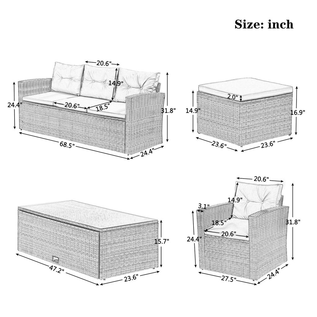 6pcs Outdoor Patio Furniture Set with Coffee Table, Wicker Sofas, Ottomans, Removable Cushions (Beige) R94336