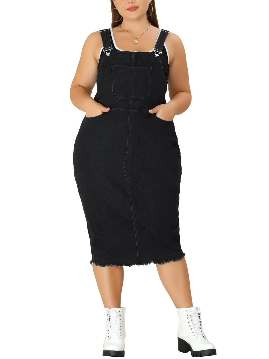 Plus Size Bodycon Raw Hem Denim Midi Overall Dresses C770336