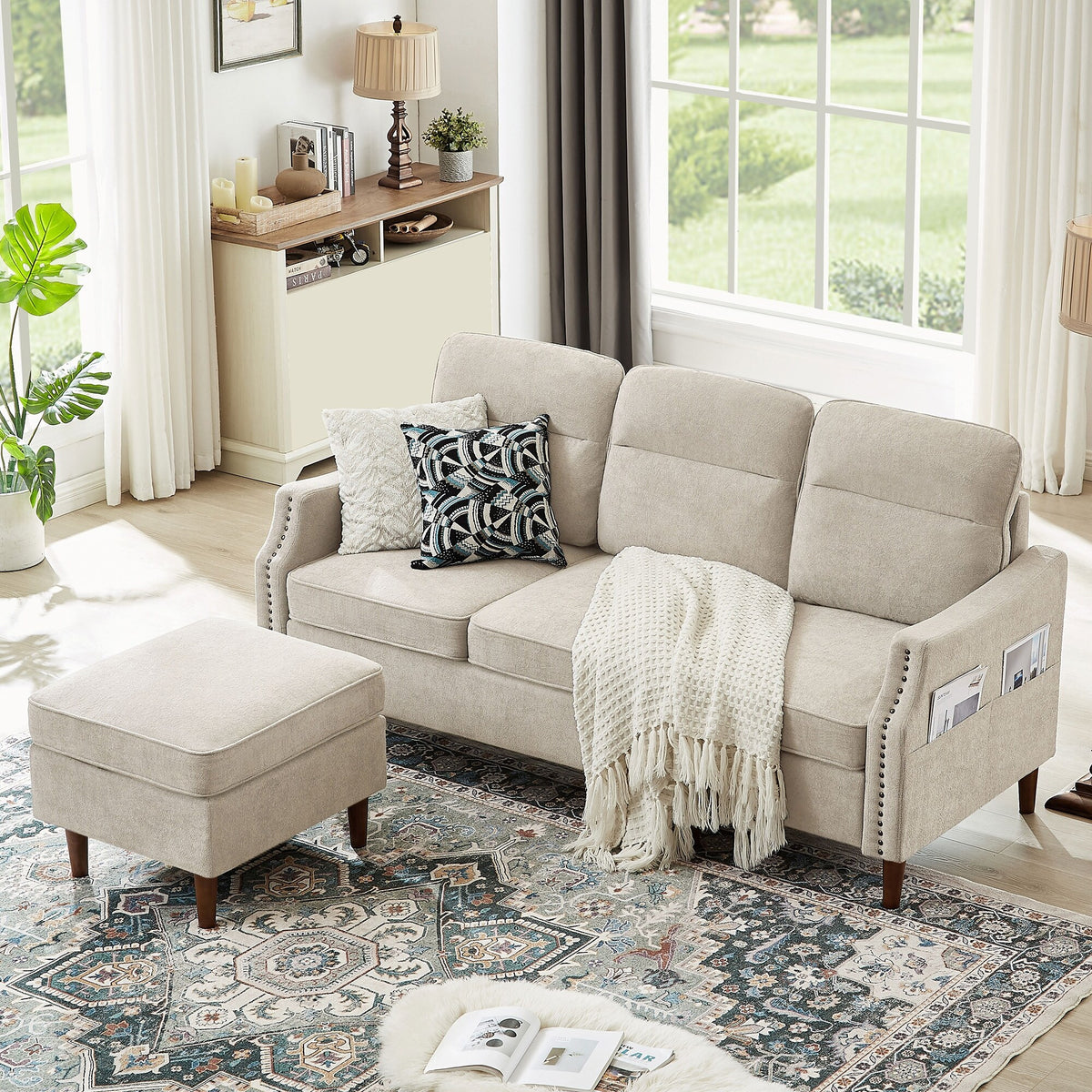 Beige L-Shaped Sectional Sofa Couch with Storage Bags X6944