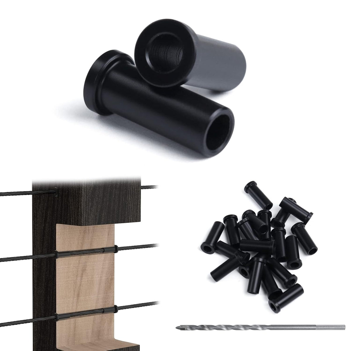 Black Cable Railing Kit Protector Sleeves Grommet for 1/8 5/32 3/16 Wire Rope Wood Posts Deck Stair Railing POM H63169