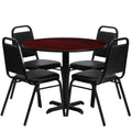 36'' Round Mahogany Laminate Table Set with 4 Black Banquet Chairs G43679