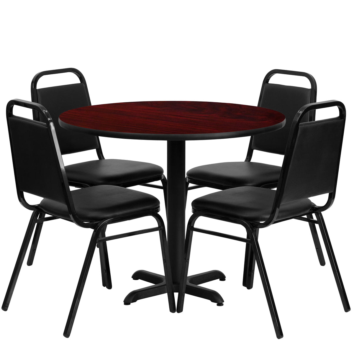 36'' Round Mahogany Laminate Table Set with 4 Black Banquet Chairs G43679