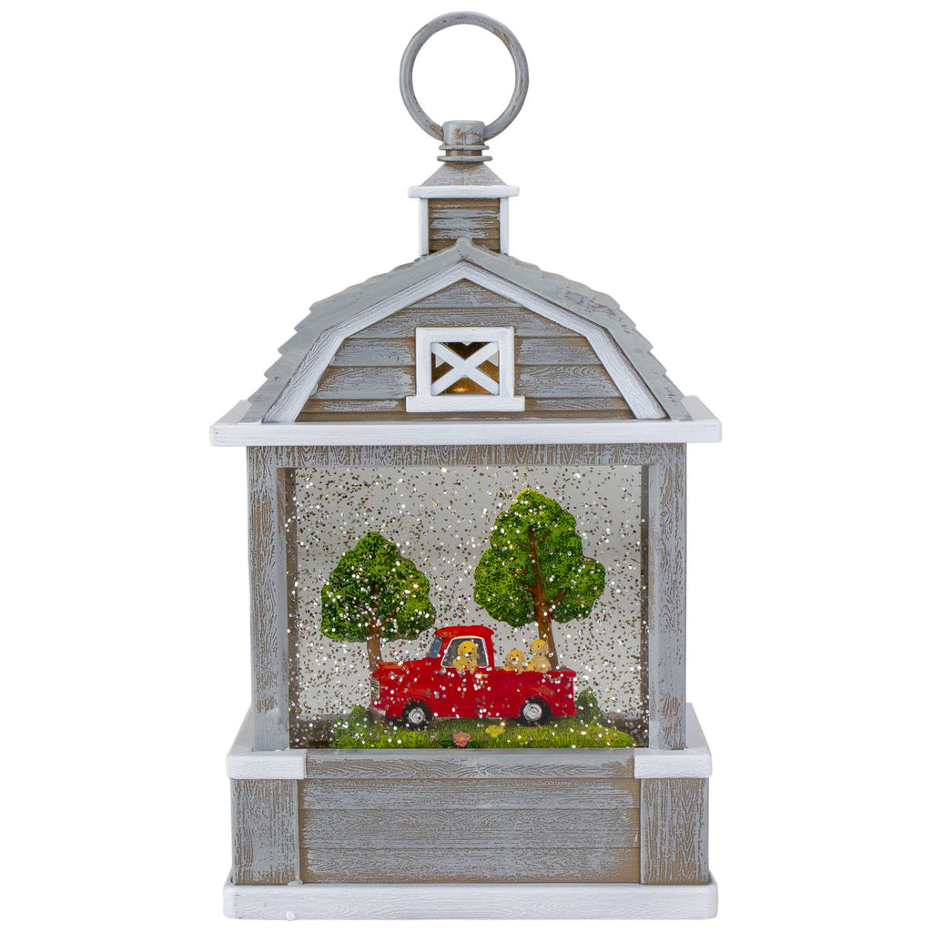 12.75x22 Lighted Gray Barn Snow Globe with Red Truck and Dogs G840630
