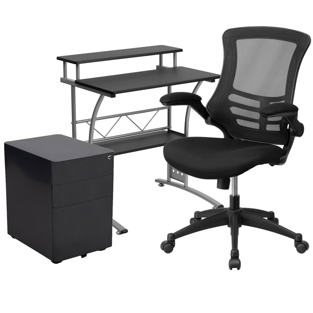 3PC Black Office Set with Desk, Mesh Chair, Filing Cabinet Z5530