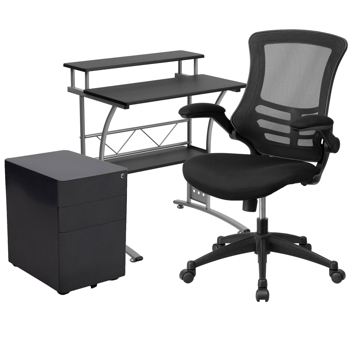 3PC Black Office Set with Desk, Mesh Chair, Filing Cabinet Z5530