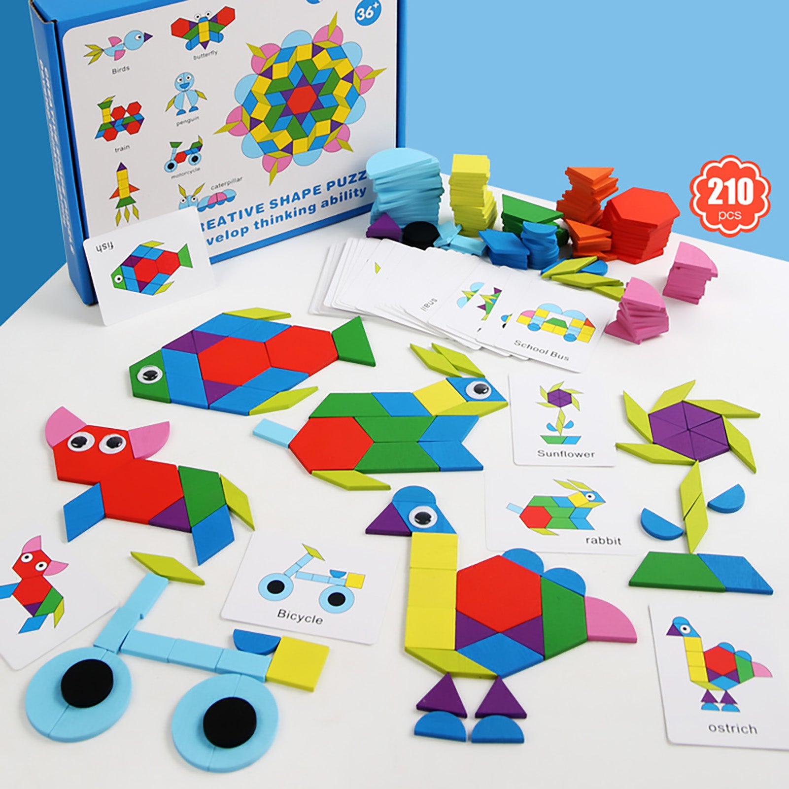 Wooden Pattern Blocks Geometric Shapes Toy with Cards H752204