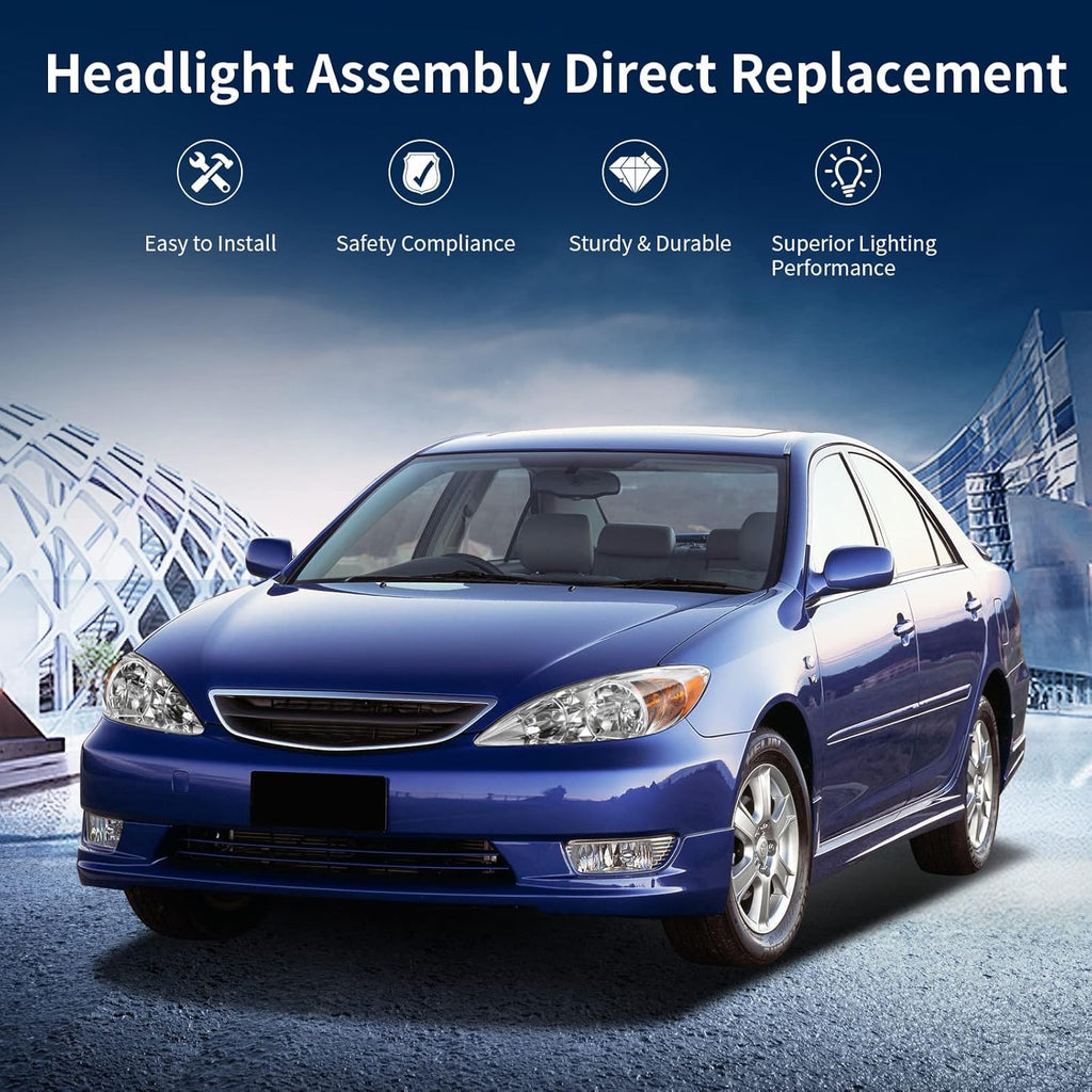 Headlight Assembly for CAMRY 2002 2003 2004 Chrome Housing Amber Reflector Clear Lens Z1617