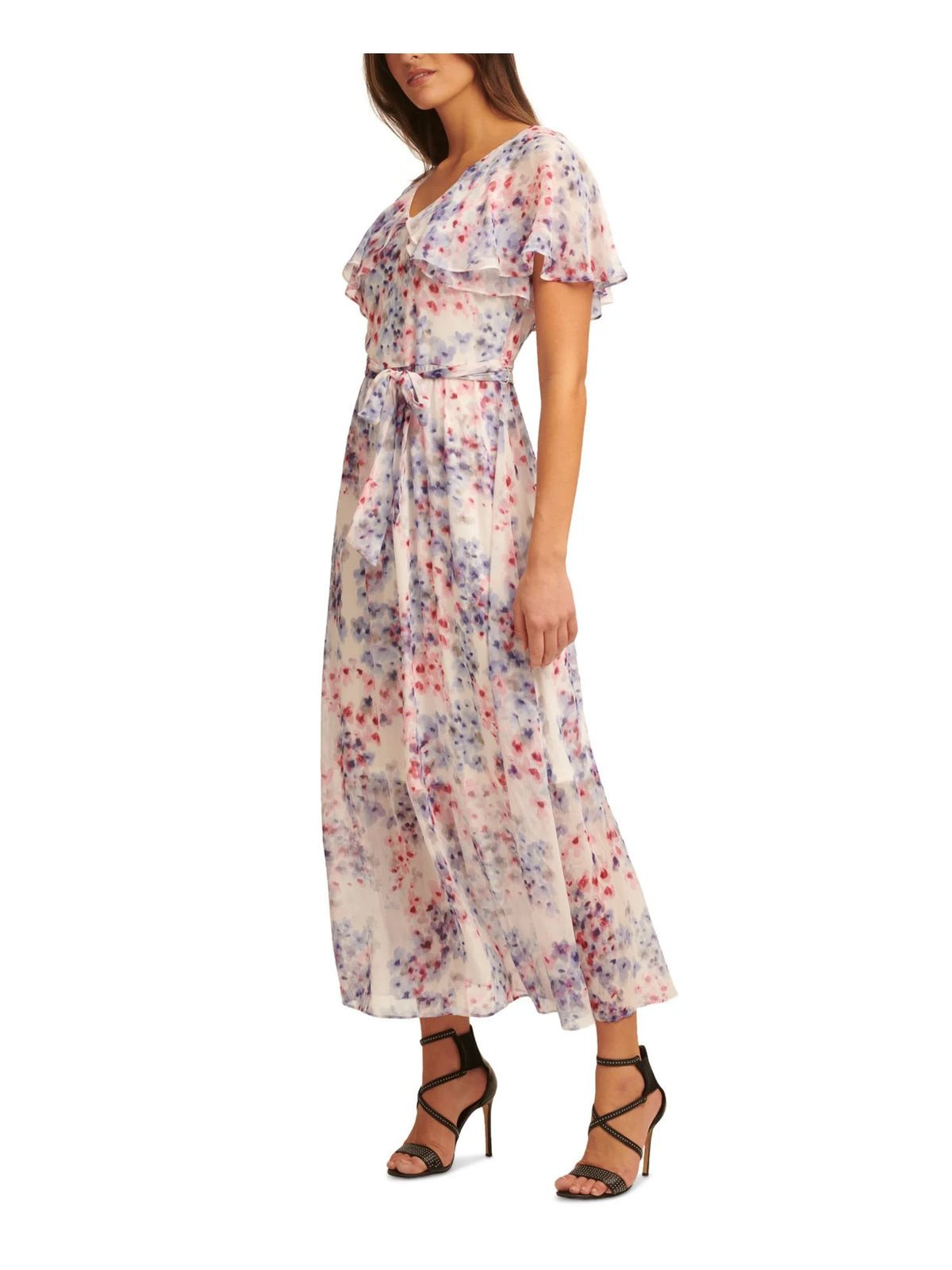 Ivory Floral Flutter Sleeve V Neck Maxi Dress E8297