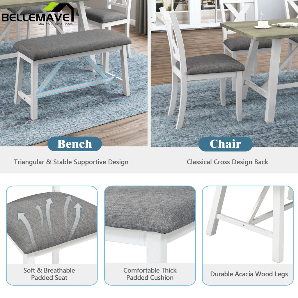 White 6 Piece Wood Counter Height Dining Table Set with 4 Chairs and a Bench L168