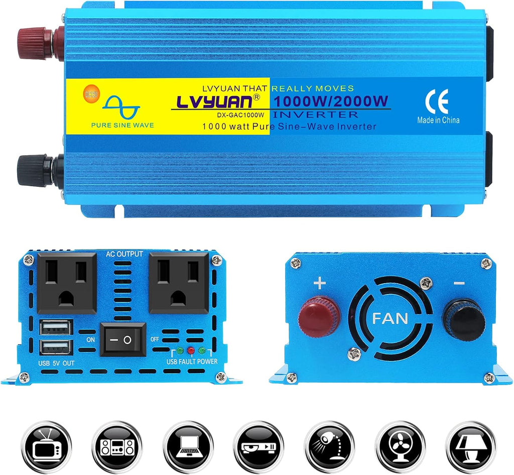 1000W Pure Sine Wave Car Power Inverter Dual AC Outlets Dual USB Charging Ports Pack of 2 N502431