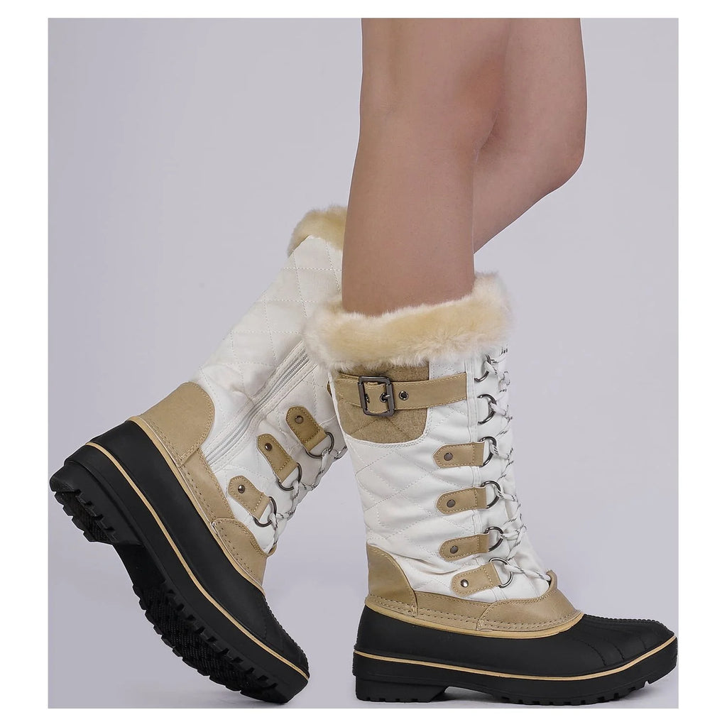 BEIGE/WHITE Waterproof Faux Fur Lined Mid Calf Snow Boots G440