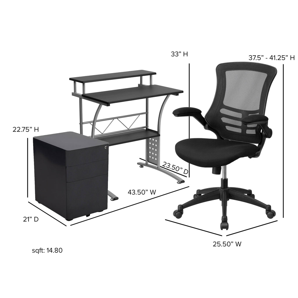 3PC Black Office Set with Desk, Mesh Chair, Filing Cabinet Z5530
