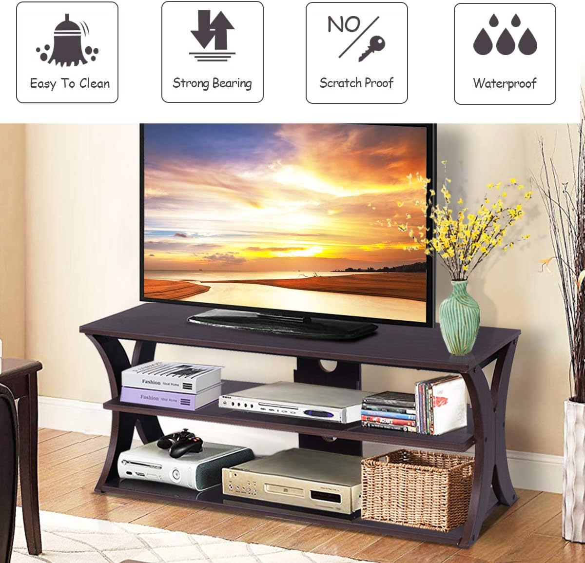 3-Tier TV Stand Storage Console with Storage Shelves (Wood Top) G1376