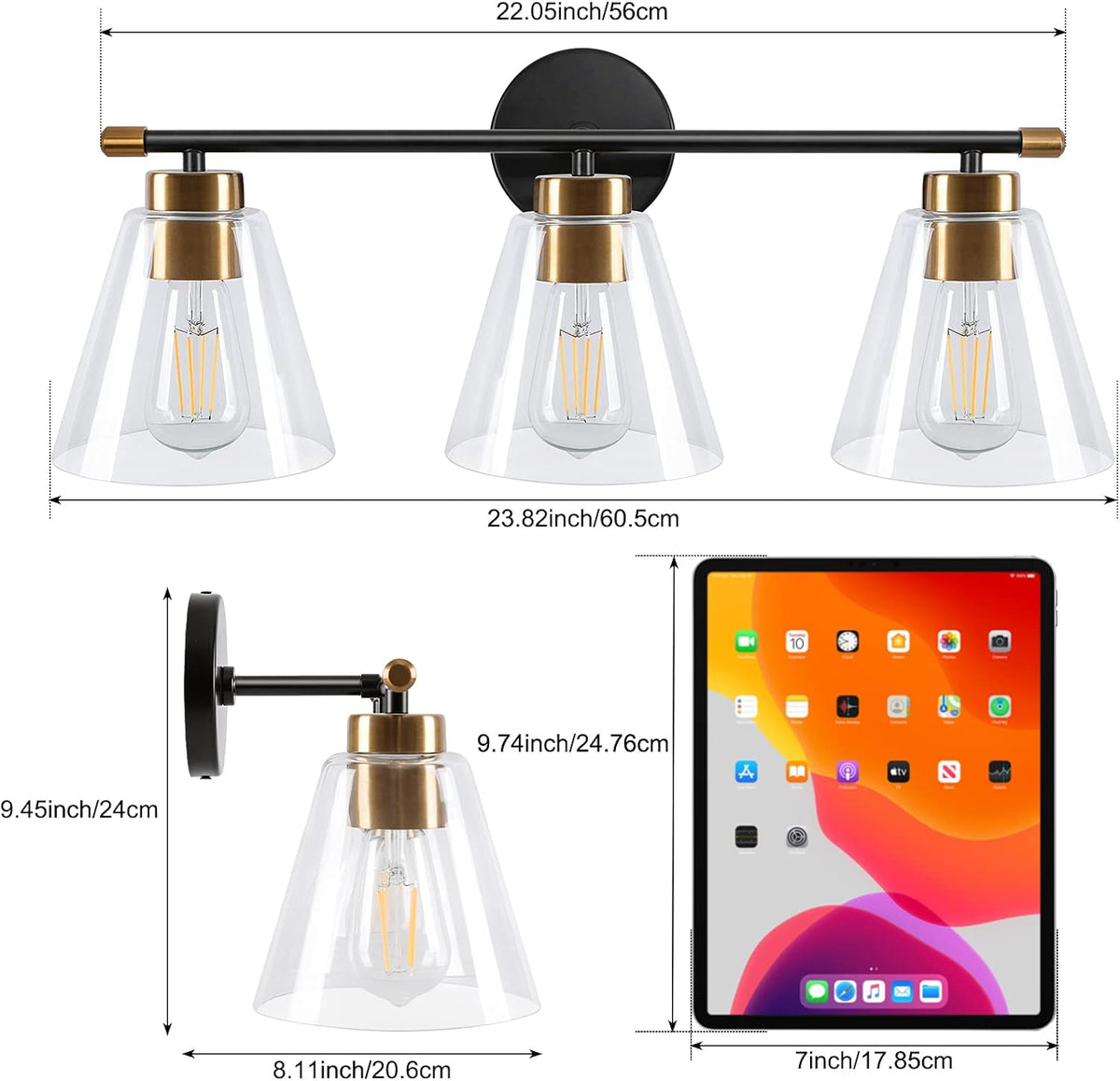 2-Light Matte Black Wall Sconce with Clear Glass Shade and Gold Base Z5069