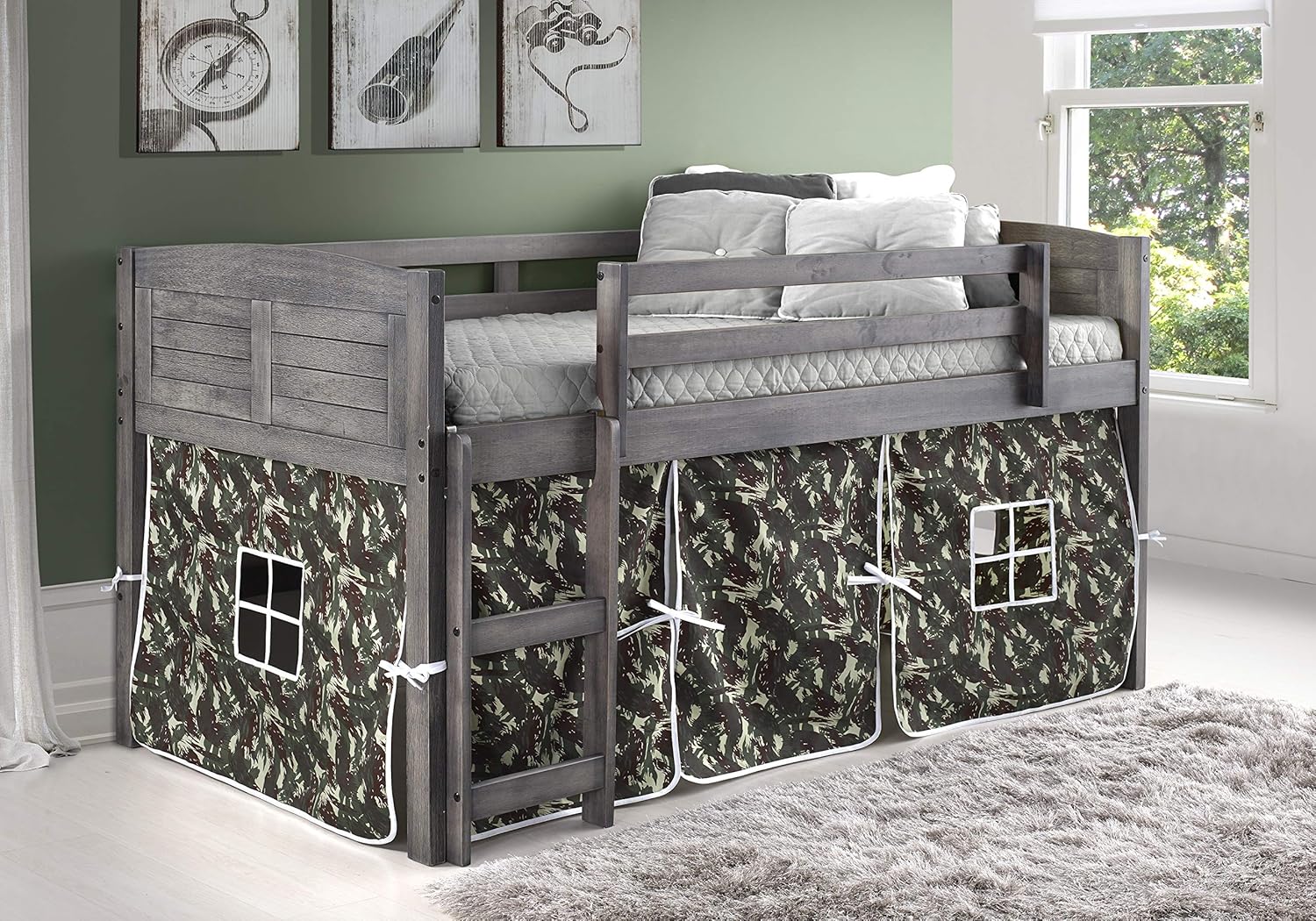 Antique Grey Twin Low Loft Bed with Tent X490623