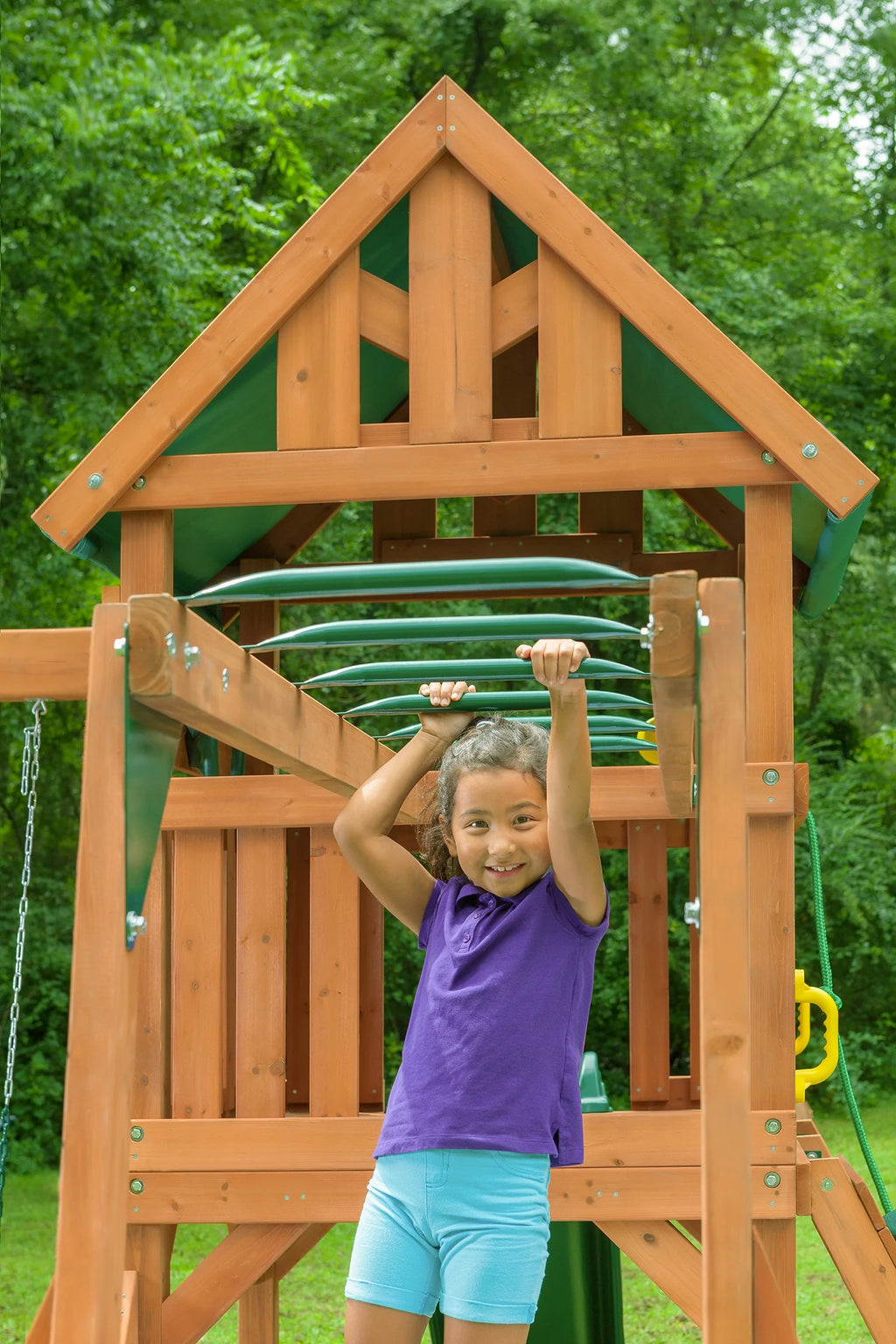 Wooden Swing Sets with Tarp Roof & Green Slide Z373