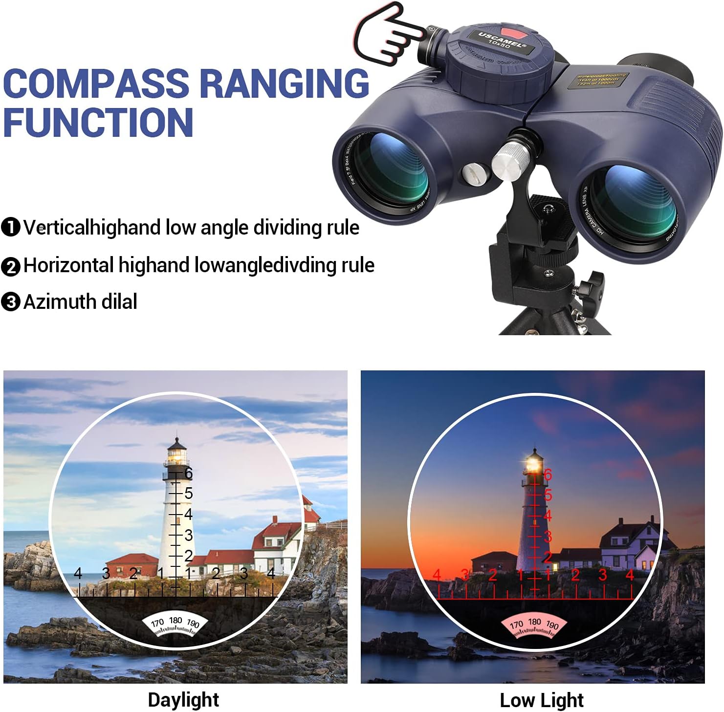 10×50 IPX7 Waterproof Marine Binoculars with Rangefinder Compass BAK4 Prism FMC Lens E72372