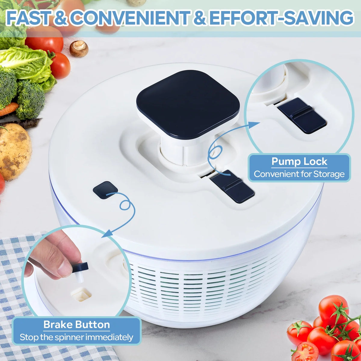 White 6 Quart Manual Salad Spinner with Colander Basket B63943