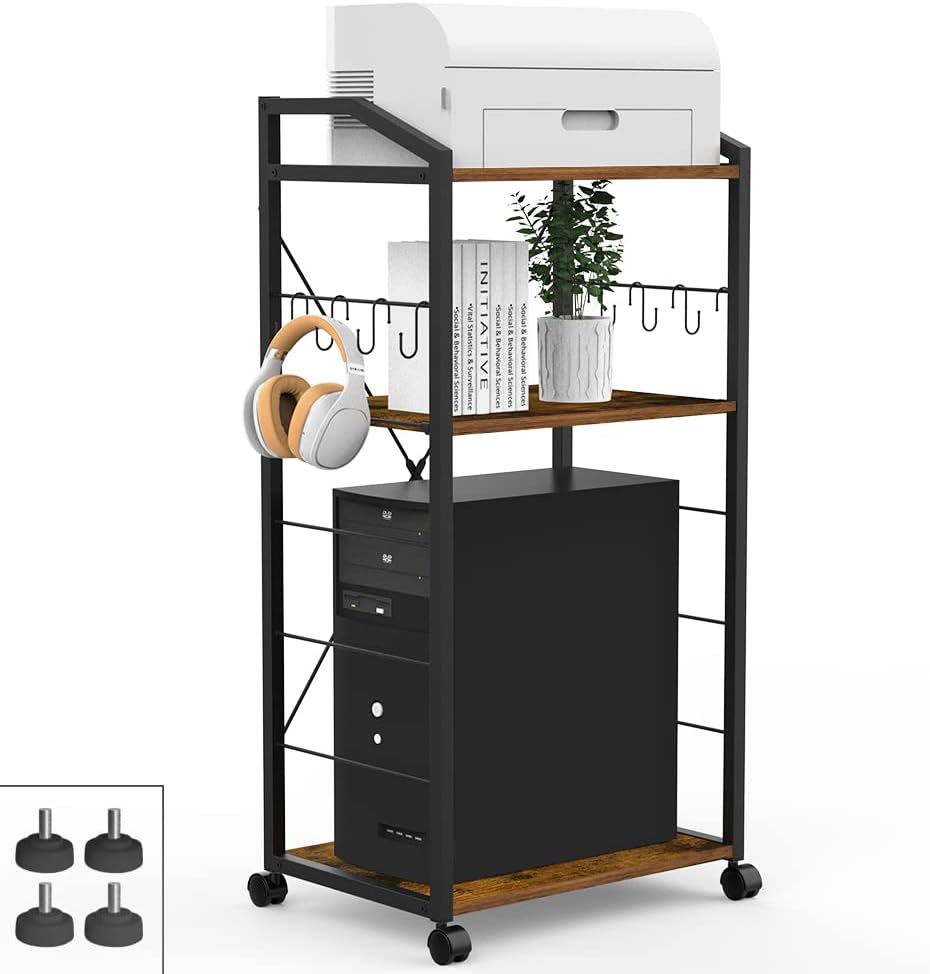 White 3-Tier Mobile Printer Stand Utility Cart Wooden Adjustable Shelf with 8 Hooks C872