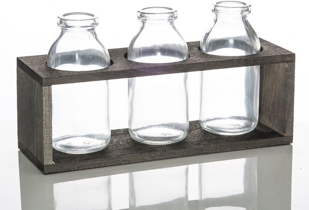 Vintage Milk Bottle Vases With Wooden Stand H1961