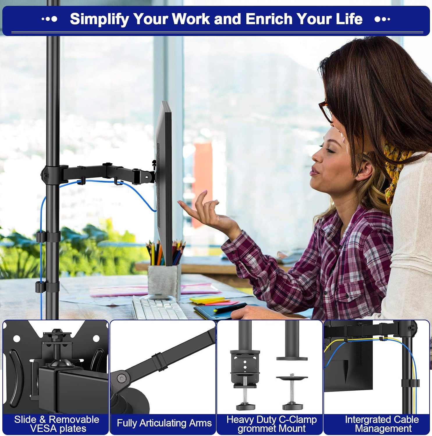 Single Monitor Mount 13-35 Inch, 39 Inch Tall, Fully Adjustable Arm, Pack of 2 Z802
