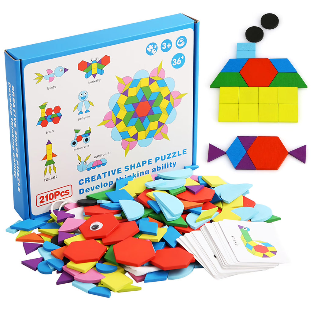 Wooden Pattern Blocks Geometric Shapes Toy with Cards H752204