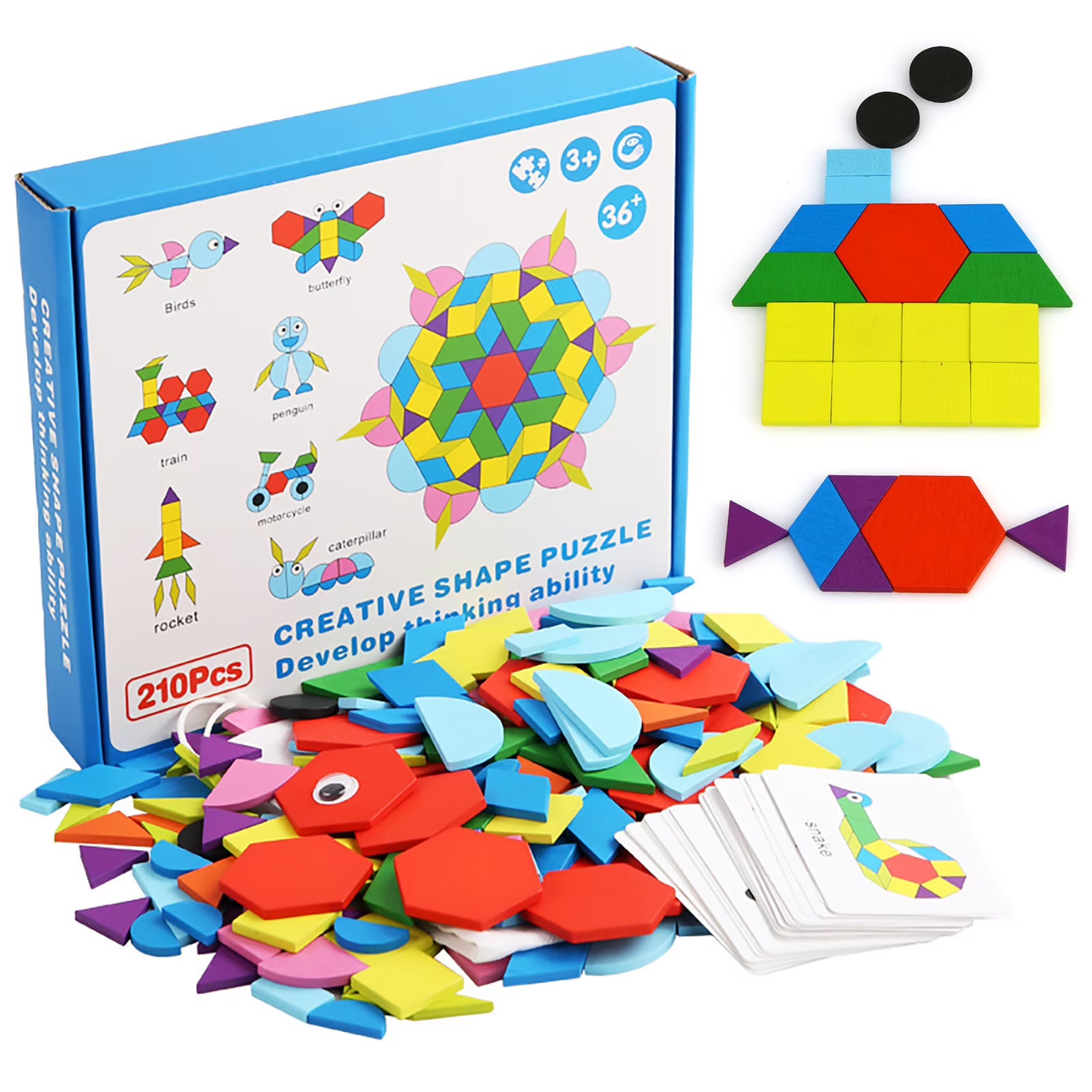 Wooden Pattern Blocks Geometric Shapes Toy with Cards H752204