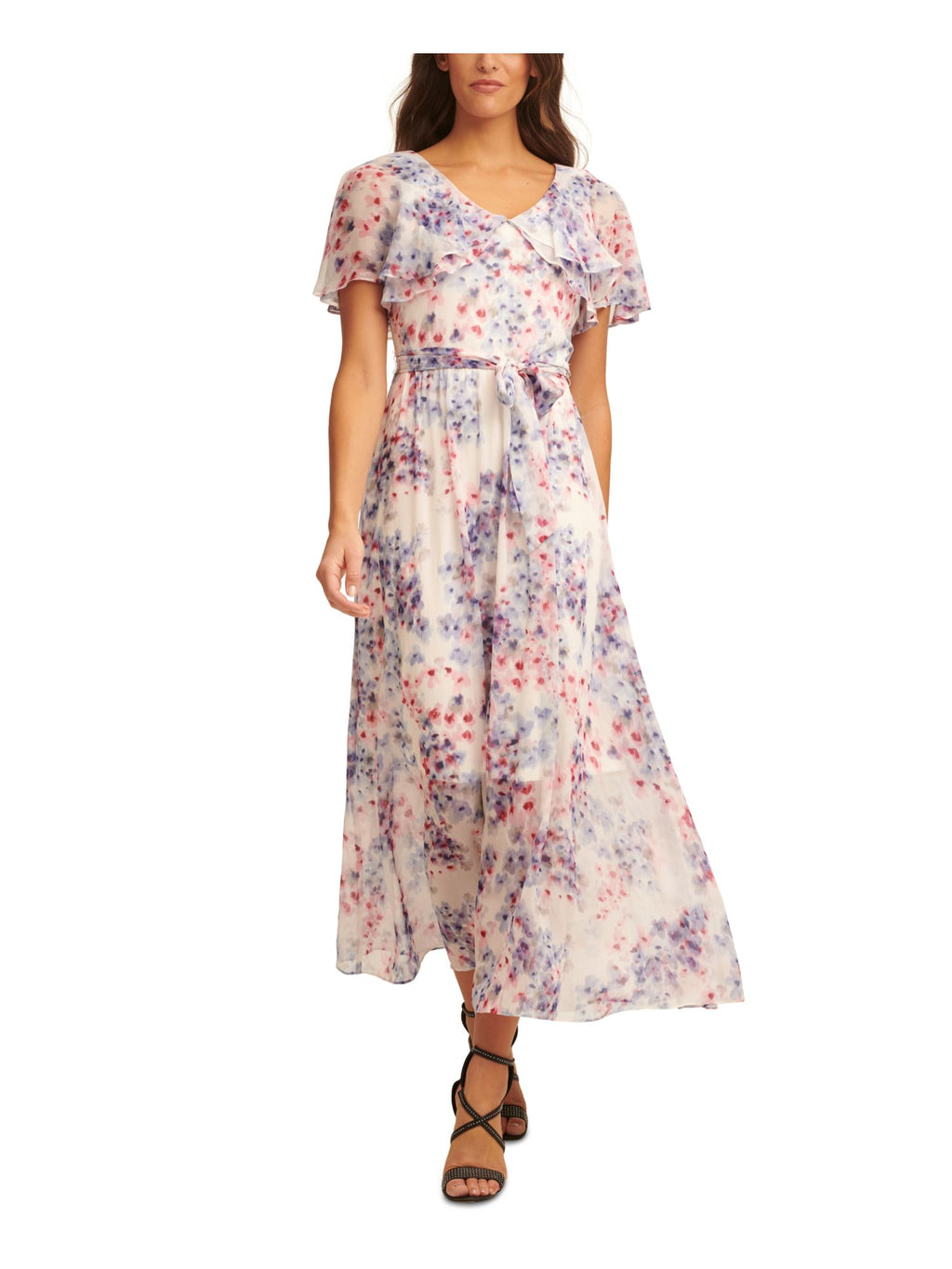 Ivory Floral Flutter Sleeve V Neck Maxi Dress E8297