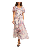 Ivory Floral Flutter Sleeve V Neck Maxi Dress E8297